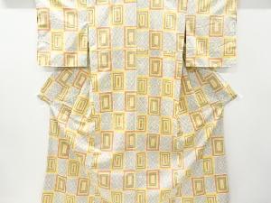 リサイクル　市松に幾何学模様織り出し手織り紬着物